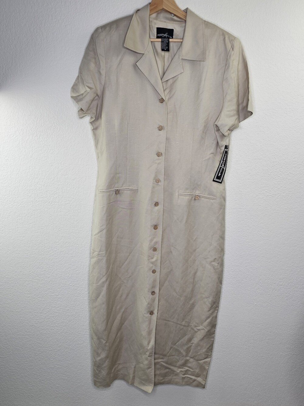 Positive Attitude Tan Linen Midi Button Up Dress Short Sleeve Pockets 16